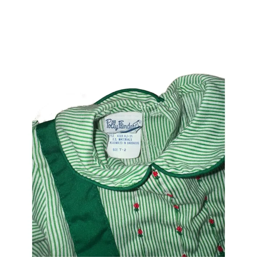 Vintage Polly Flinders Green Striped Pinafore Rosebud Pinafore Dress - Size 2T